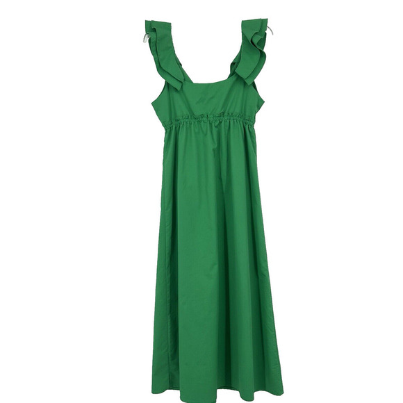 Drew Green Poplin Tie Front Midi Dress Empire Waist Sleeveless Ruffle Size M - Picture 6 of 10